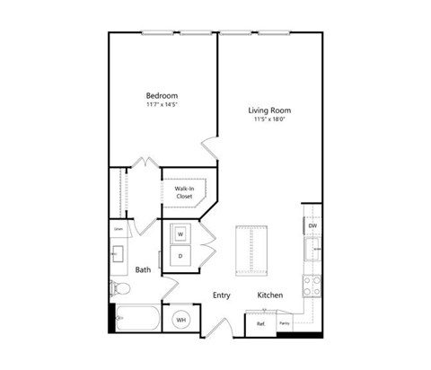 Floor plan for 1 bed, 1 bath, 810 sqft